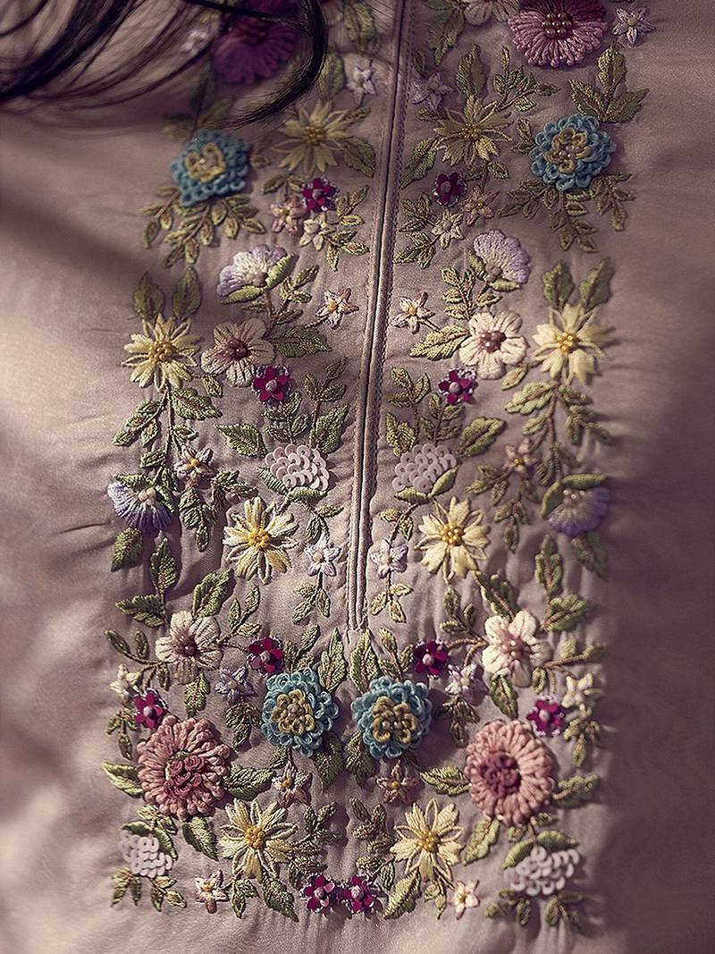 Floral embroidered thread work kurta with trousers & dupatta