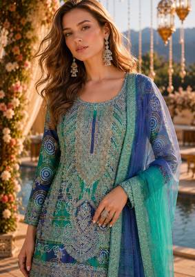 Blue chinon free size stitched suit with embroidery & sequin work 2