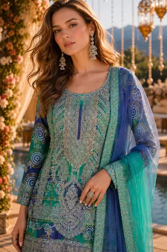 Blue chinon free size stitched suit with embroidery & sequin work