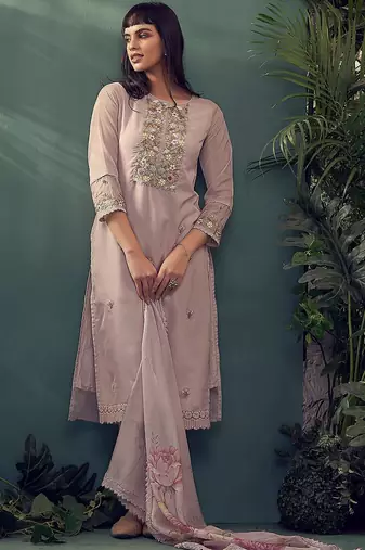 Floral embroidered thread work kurta with trousers & dupatta