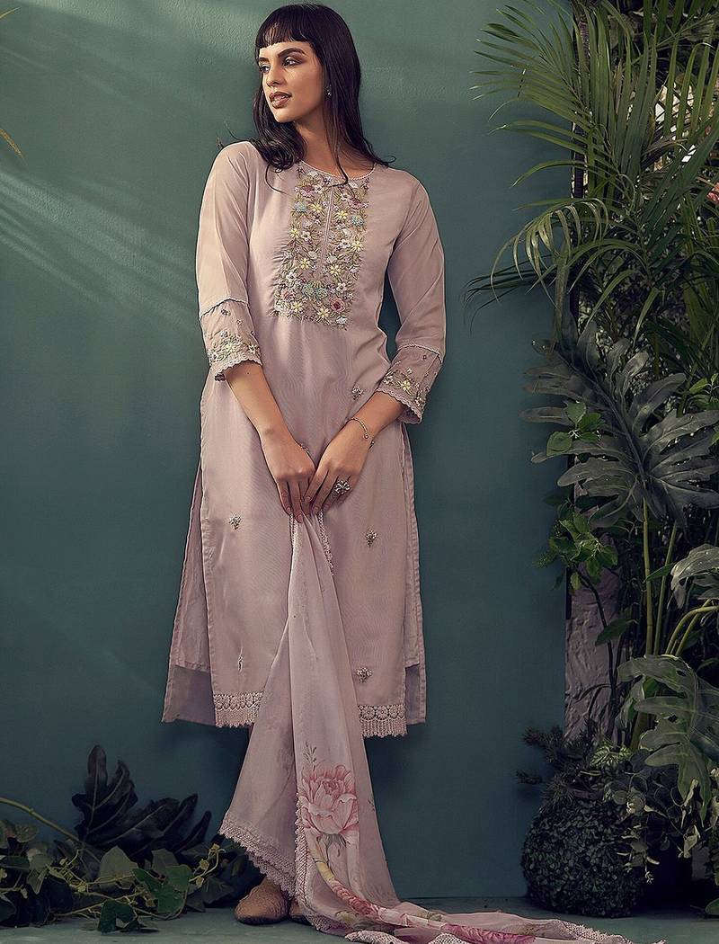 Floral embroidered thread work kurta with trousers & dupatta