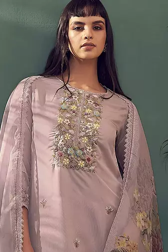 Floral embroidered thread work kurta with trousers & dupatta