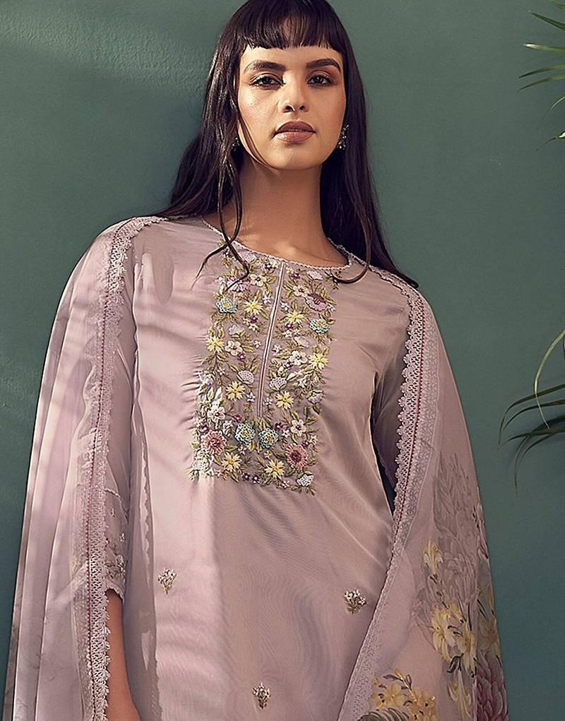 Floral embroidered thread work kurta with trousers & dupatta