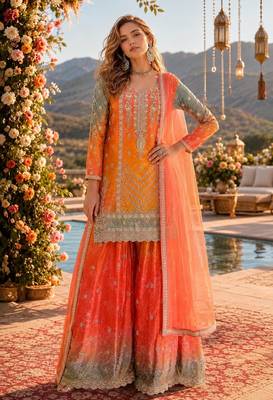 Orange chinon free size stitched suit with embroidery & sequin work 1