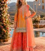 Orange chinon free size stitched suit with embroidery & sequence work