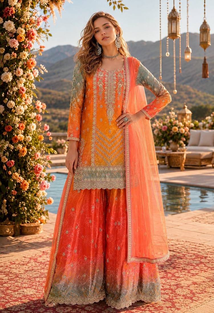 Orange chinon free size stitched suit with embroidery & sequence work