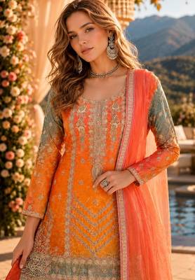 Orange chinon free size stitched suit with embroidery & sequin work 2
