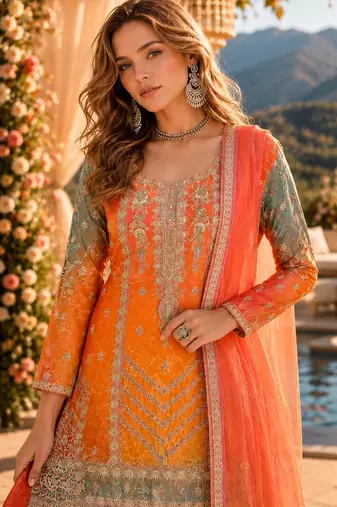 Orange chinon free size stitched suit with embroidery & sequence work
