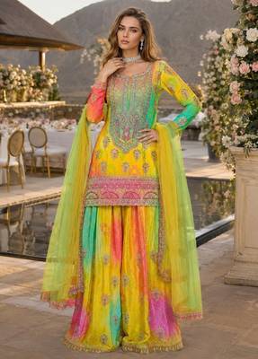 Yellow chinon free size stitched suit with embroidery & sequin work 1