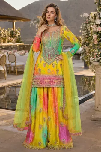 Yellow chinon free size stitched suit with embroidery & sequence work