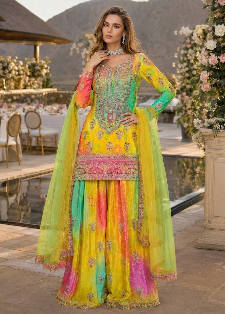 Yellow chinon free size stitched suit with embroidery & sequence work