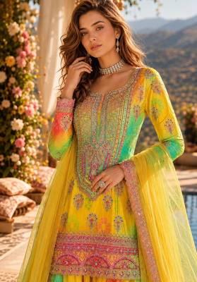 Yellow chinon free size stitched suit with embroidery & sequin work 2