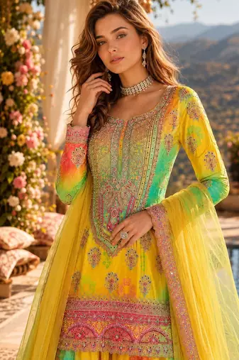 Yellow chinon free size stitched suit with embroidery & sequence work