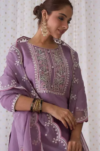 Women floral yoke design regular thread work kurta with trousers & dupatta