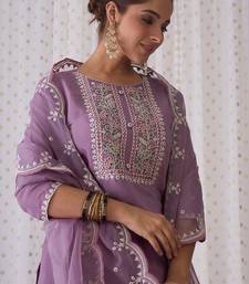 Women floral yoke design regular thread work kurta with trousers & dupatta