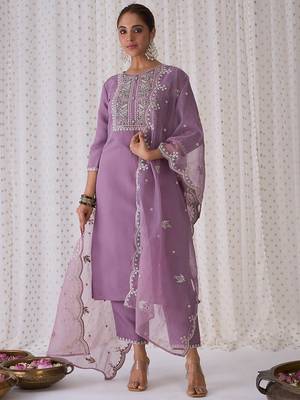 Women floral yoke design thread work kurta with trousers & dupatta 1