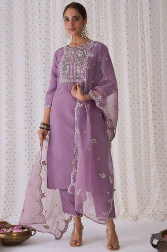 Women floral yoke design regular thread work kurta with trousers & dupatta