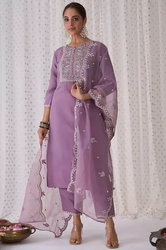 Women floral yoke design regular thread work kurta with trousers & dupatta