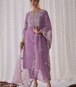 Women floral yoke design regular thread work kurta with trousers & dupatta