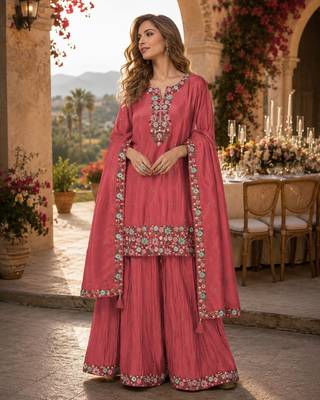 Peach simar with embroidery multi & zarkhan work palazzo suit 1