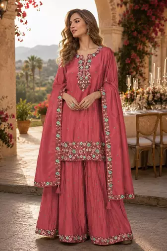 Peach simar with embroidery multi & zarkhan work palazzo suit