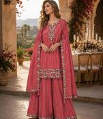 Peach simar with embroidery multi & zarkhan work readymade plazzo suit