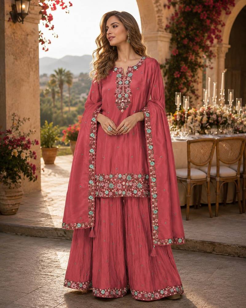 Peach simar with embroidery multi & zarkhan work readymade plazzo suit