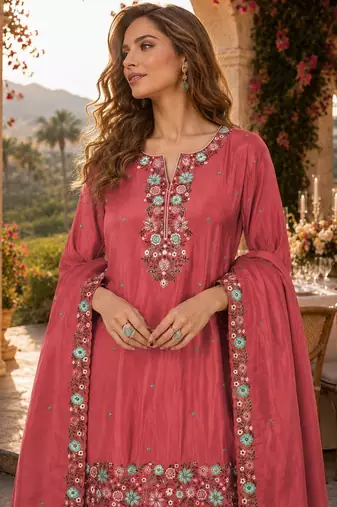 Peach simar with embroidery multi & zarkhan work palazzo suit