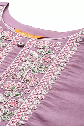 Women floral yoke design regular thread work kurta with trousers & dupatta
