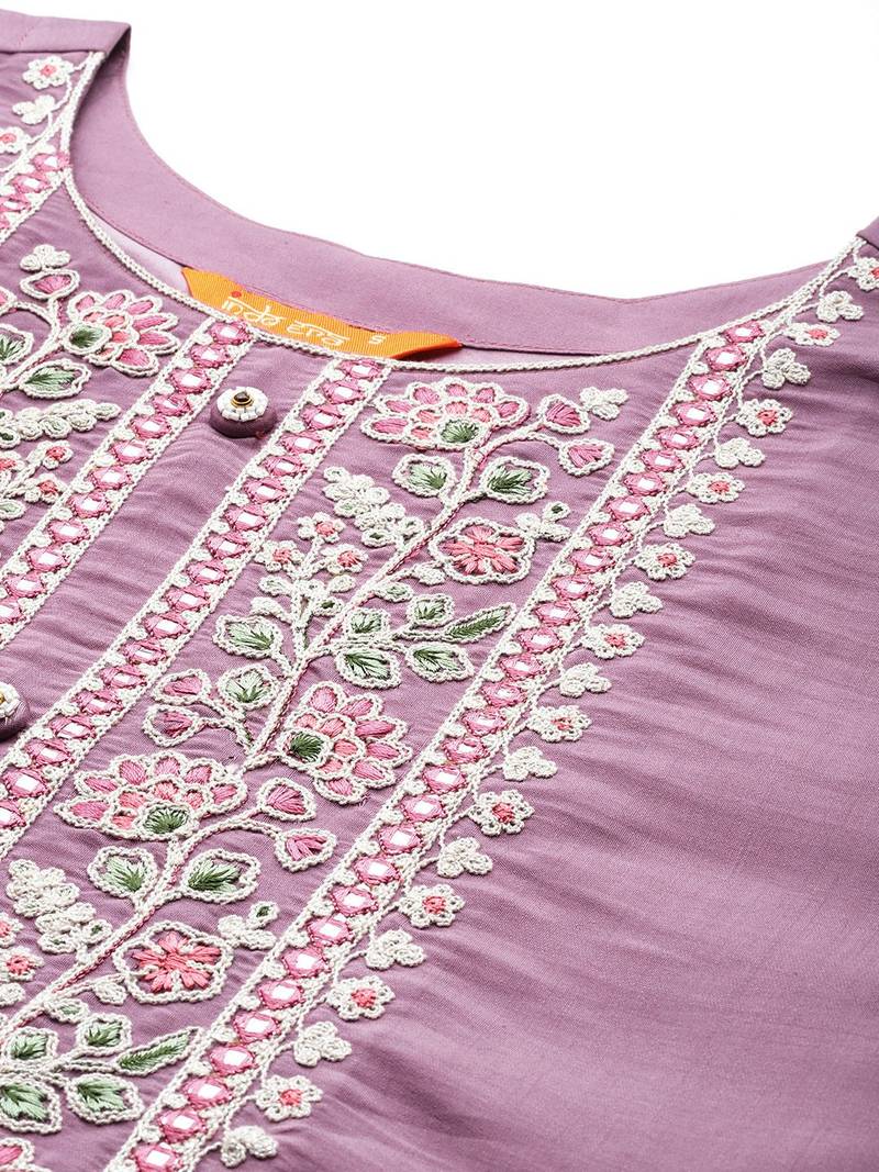 Women floral yoke design regular thread work kurta with trousers & dupatta