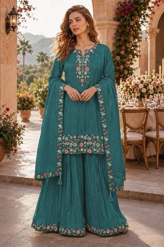 Turquoise simar with embroidery multi & zarkhan work readymade plazzo suit