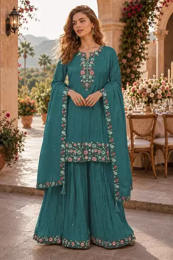 Turquoise simar with embroidery multi & zarkhan work readymade palazzo suit