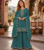 Turquoise simar with embroidery multi & zarkhan work readymade plazzo suit