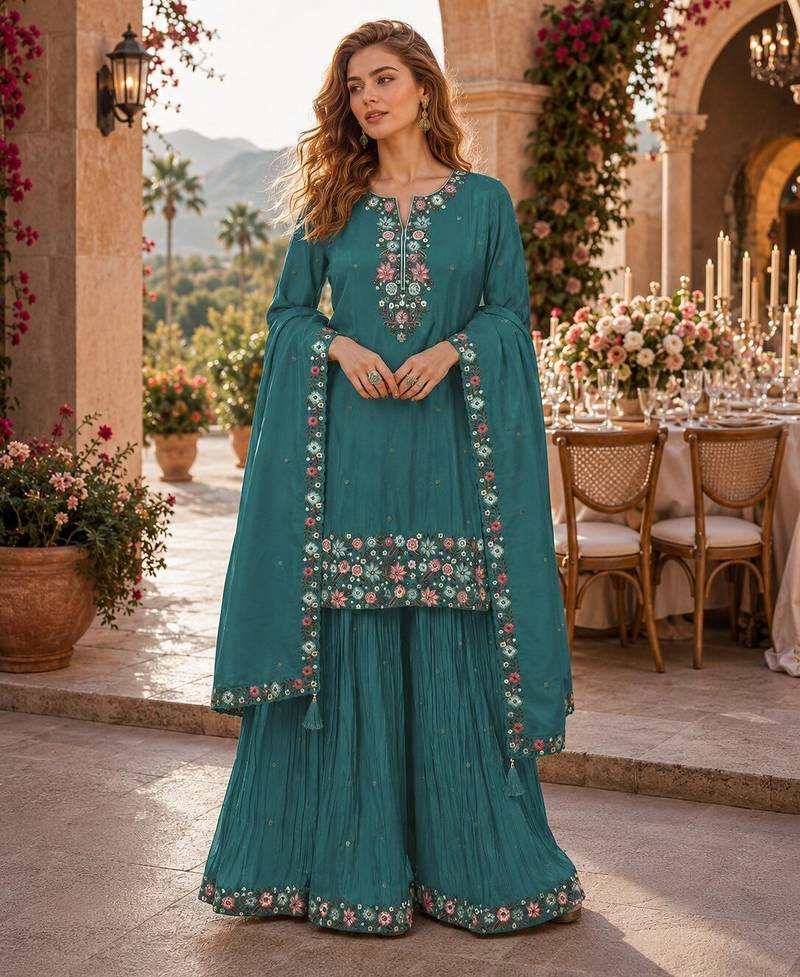 Turquoise simar with embroidery multi & zarkhan work readymade plazzo suit