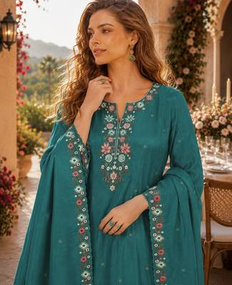 Turquoise simar with embroidery multi & zarkhan work readymade palazzo suit 2