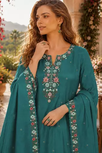 Turquoise simar with embroidery multi & zarkhan work readymade palazzo suit