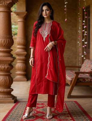Women ethnic motifs embroidered panelled liva kurta with trousers & with dupatta 1