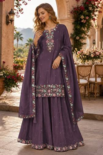 Wine simar with embroidery multi & zarkhan work readymade plazzo suit