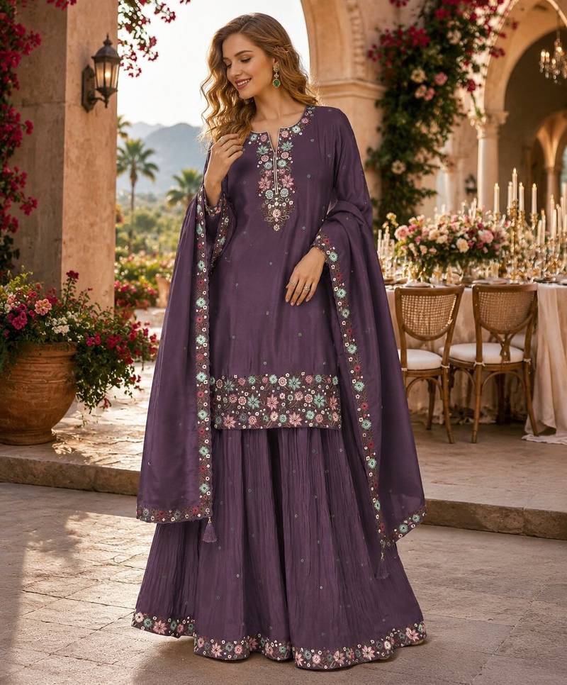 Wine simar with embroidery multi & zarkhan work readymade plazzo suit