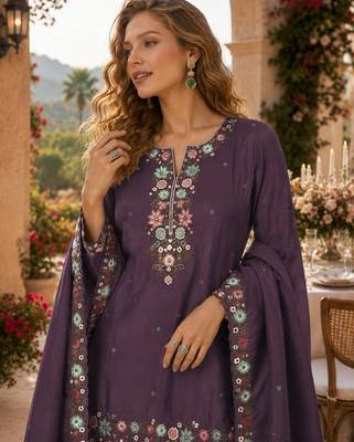 Wine simar with embroidery multi & zarkhan work readymade palazzo suit 2