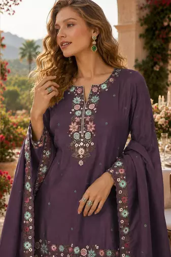 Wine simar with embroidery multi & zarkhan work readymade palazzo suit