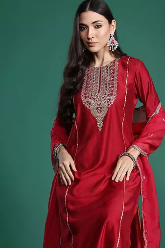 Women ethnic motifs embroidered panelled liva kurta with trousers & with dupatta