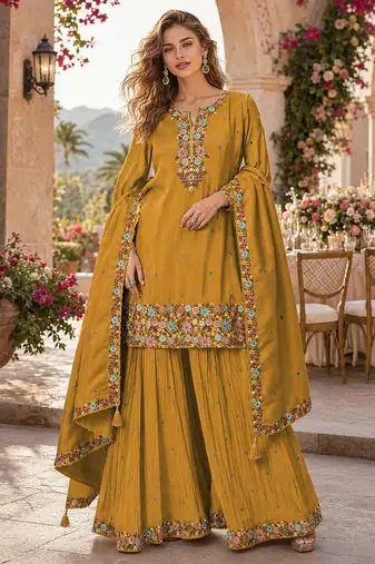 Mustard simar with embroidery multi & zarkhan work readymade palazzo suit