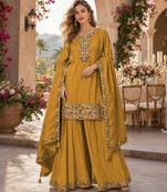 Mustard simar with embroidery multi & zarkhan work readymade plazzo suit