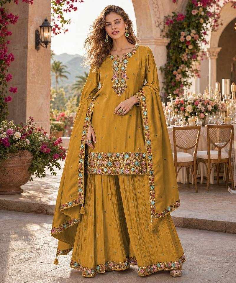Mustard simar with embroidery multi & zarkhan work readymade plazzo suit