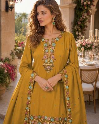 Mustard simar with embroidery multi & zarkhan work readymade palazzo suit 2