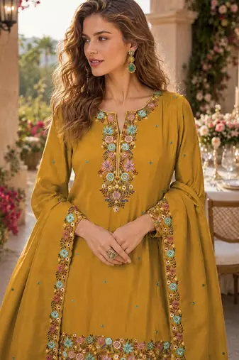 Mustard simar with embroidery multi & zarkhan work readymade palazzo suit