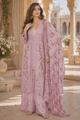 Rani-pink chinon suit with embroidery sequin work