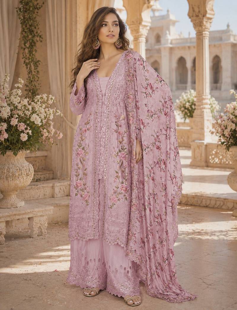 Rani-pink chinon readymade suit with embroidery sequence work