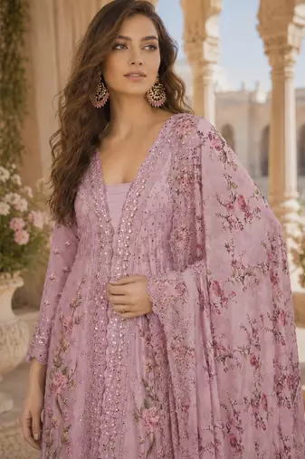 Rani-pink chinon suit with embroidery sequin work